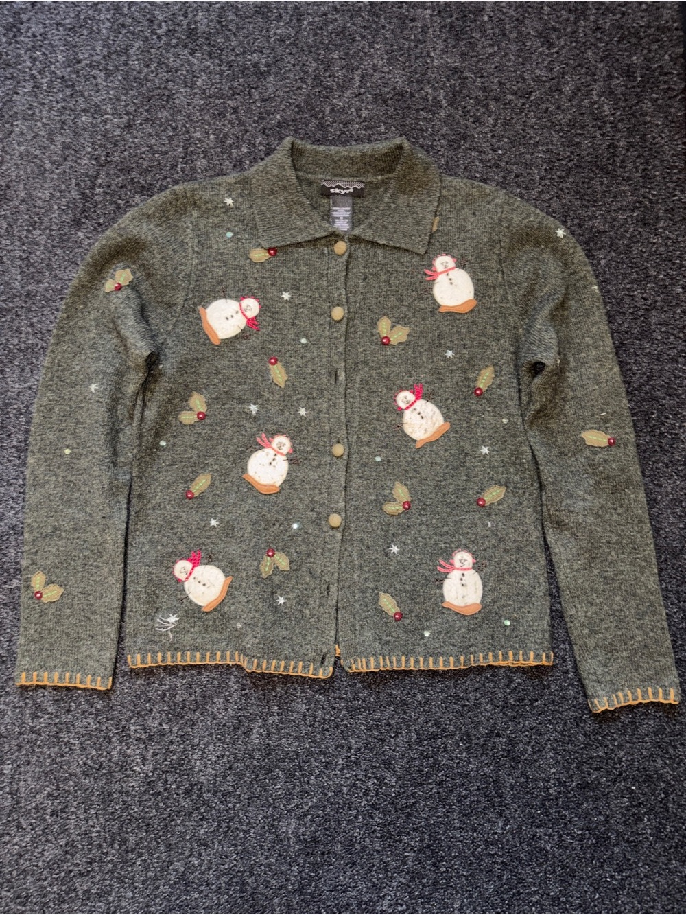 Vtg 90s Skyr Lambswool Cardigan Novelty Sweater Sz S Embroidered Snowman Holiday